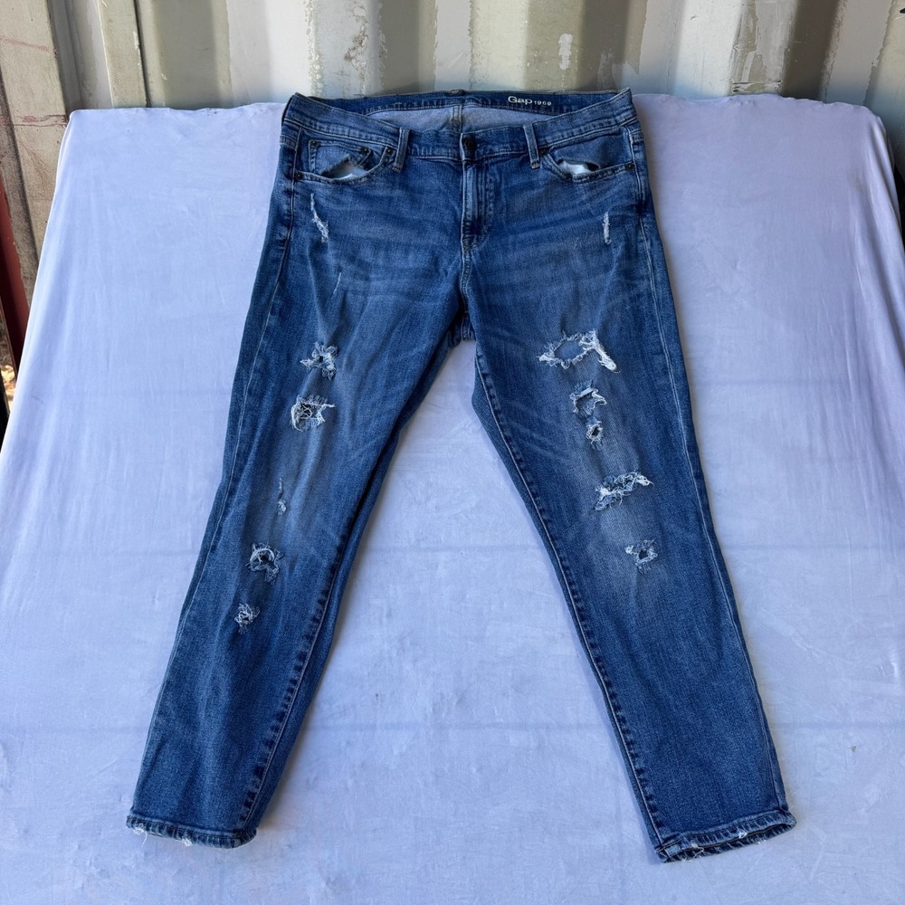 Gap Jeans Mens 33R Blue Denim Cotton Stretch Skinny Leg Everyday Wear Distressed